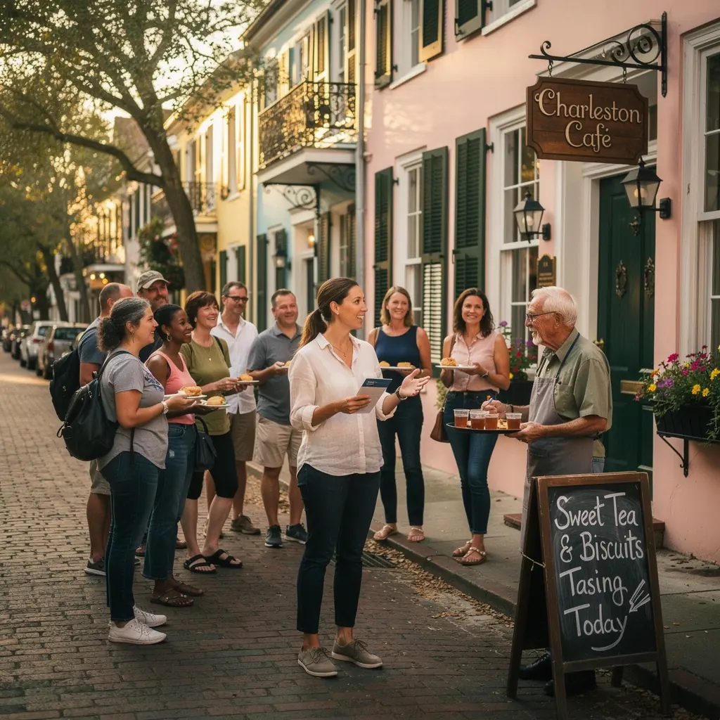 Zdjęcie lokalnego targu z kolorowymi stoiskami sprzedawców świeżych owoców i warzyw.